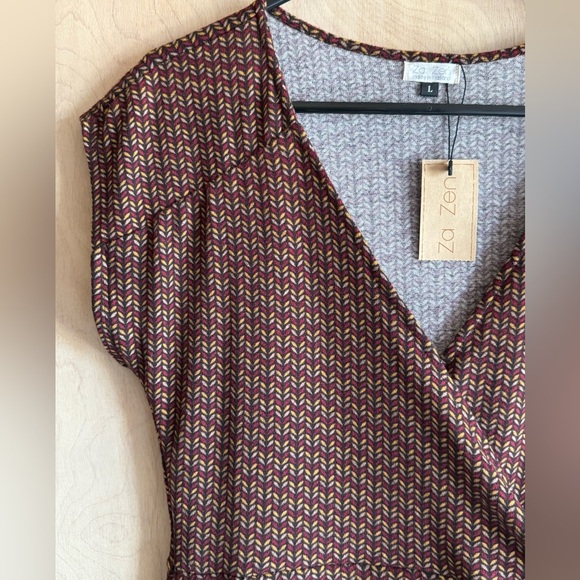 NWT ZA ZEN V-Neck Midi Dress Brown Gold Red Chevron Pattern Sz L Stretchy - Picture 2 of 14